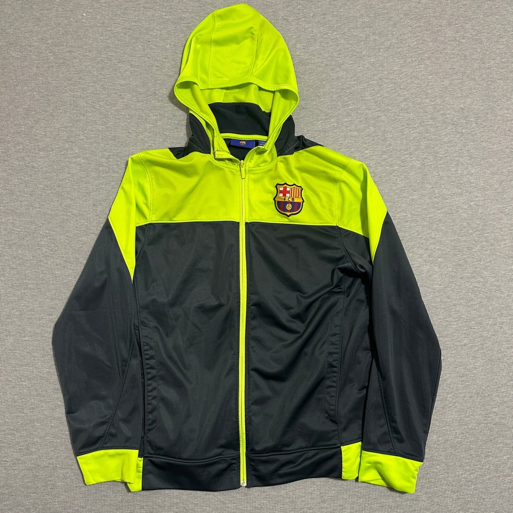 FC Barcelona Full Zip Track Jacket Hoodie Black Neon Yellow Mens Size Large